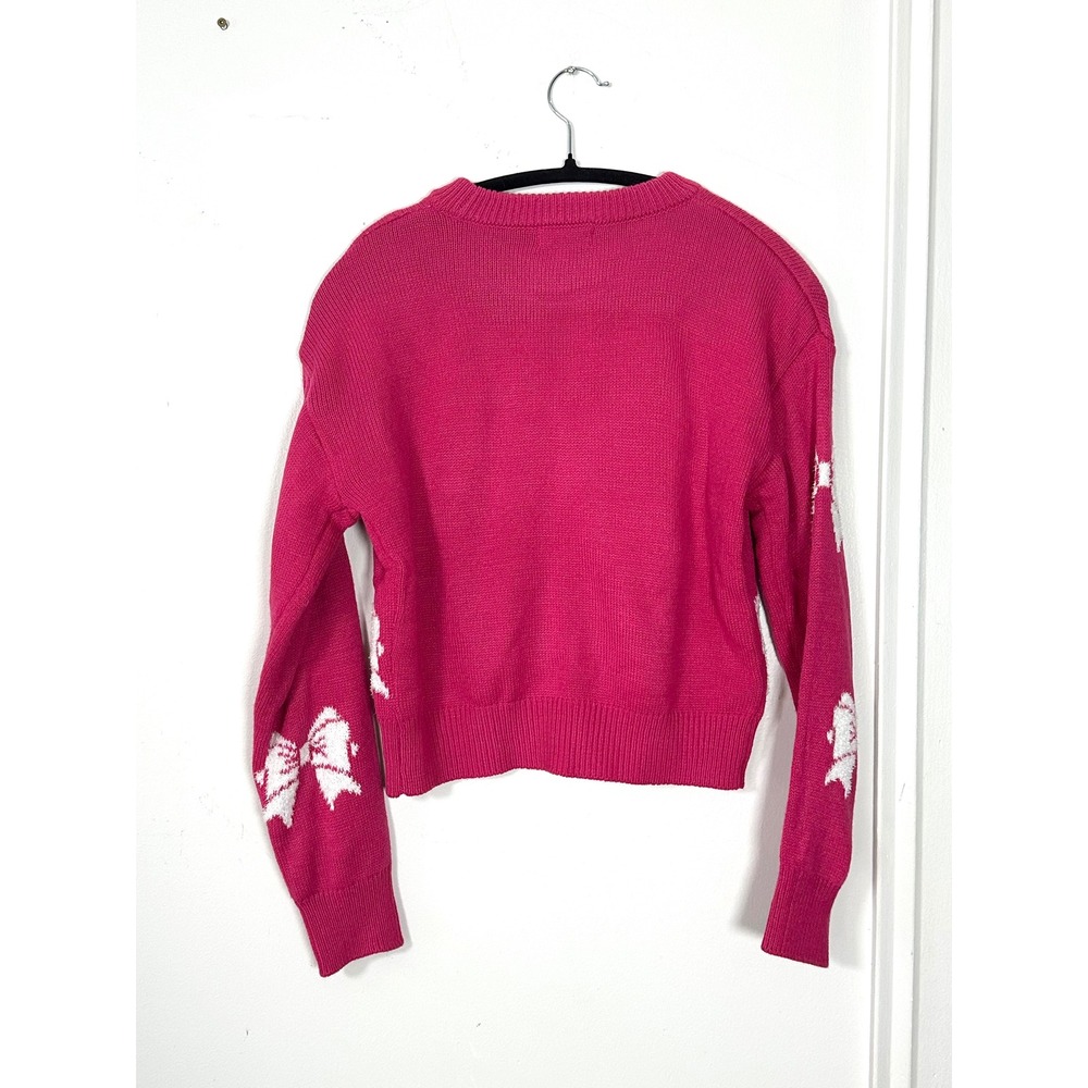 Merry Christmas by Poof hot pink bow sweater knit juniors small cropped s crew - Picture 5 of 6